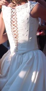 Size 8 -10, Cream coloured off shoulder lace up embroidered bodice, full skirt with 2 m train with embroidered edges