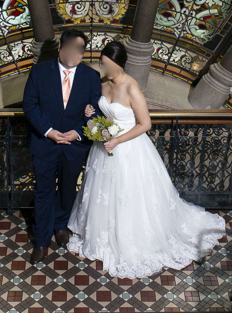 Sweetheart strapless A line cathedral train lace dress with sequins and beads, soft tulle and belt