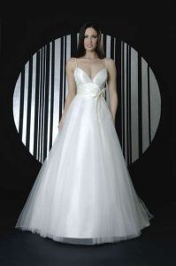 Serena gown (this gown has french lace added to bodice + flower detail to waist)