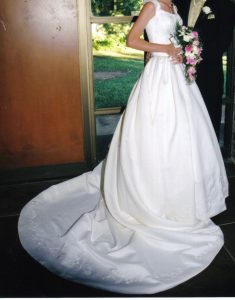 Size 8 -10, Cream coloured off shoulder lace up embroidered bodice, full skirt with 2 m train with embroidered edges