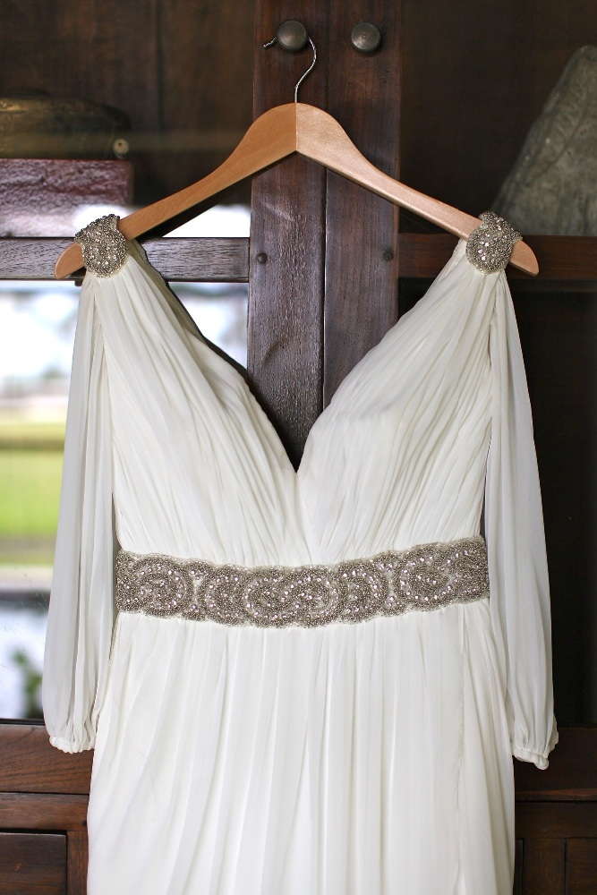 Pronovias 2011 Famosa. Grecian inspired gown featuring draped sleves and accented with a beaded belt and shoulders.